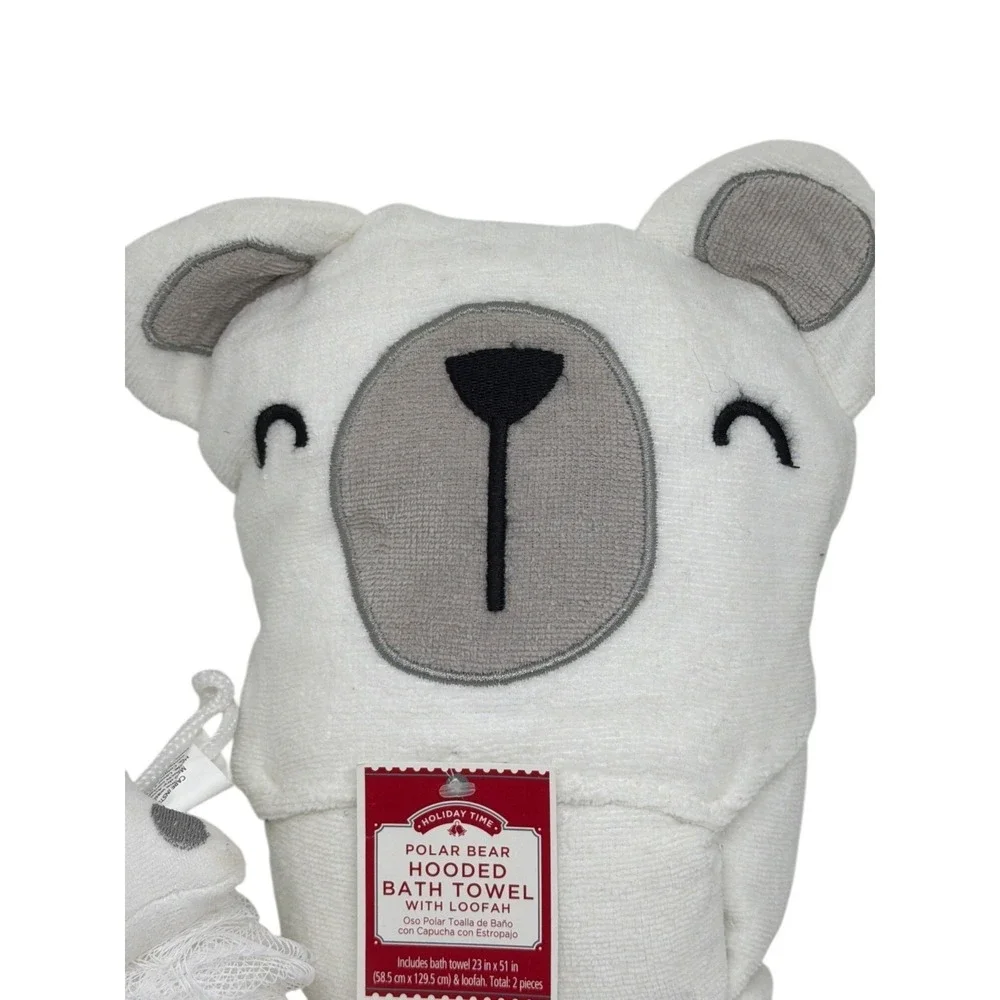 Holiday Time Hooded Bath Towel White Polar Bear Animal Set Loofah 2-Pc 23x51